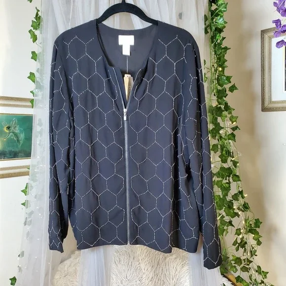 Chico's Beaded Full Zip Bomber Jacket Black Silver Sequined Embellished Sz L/2 - Picture 3 of 8